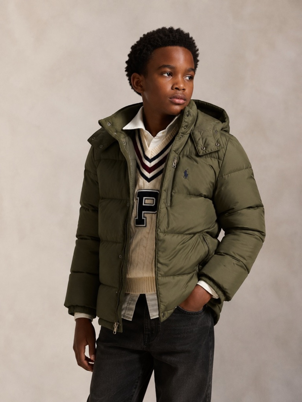 Polo by Ralph Lauren Olive Green Quilted Hooded Puffer Jacket boys 12-14